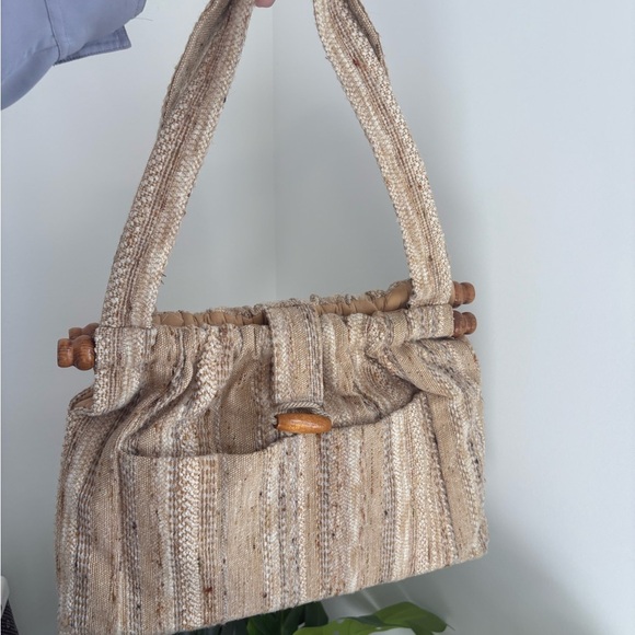 Vintage Handmade Tweed‎ Wool Wood Tote Shoulder Bag - Picture 2 of 16